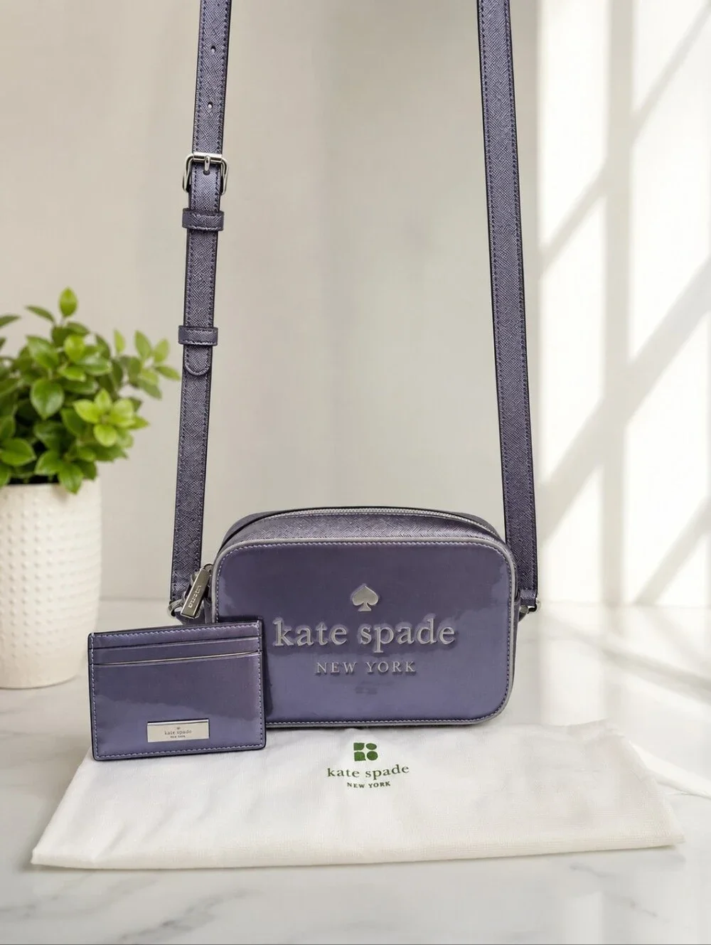 Kate Spade New York Lilac Patent Camera Crossbody Bag Card Holder & Dust Bag Set